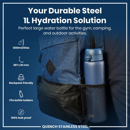 Leak Proof 1 Litre Water Bottle, Stainless Steel, Ash Navy, 1L