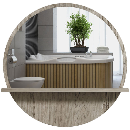 Round Wall Mirror with Shelf — Grey Wood Effect, 45cm