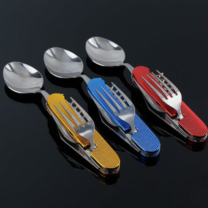 6-in-1 Stainless Steel Travel / Camping Folding Cutlery Set, Spoon + Fork + Knife +  Bottle Opener Set