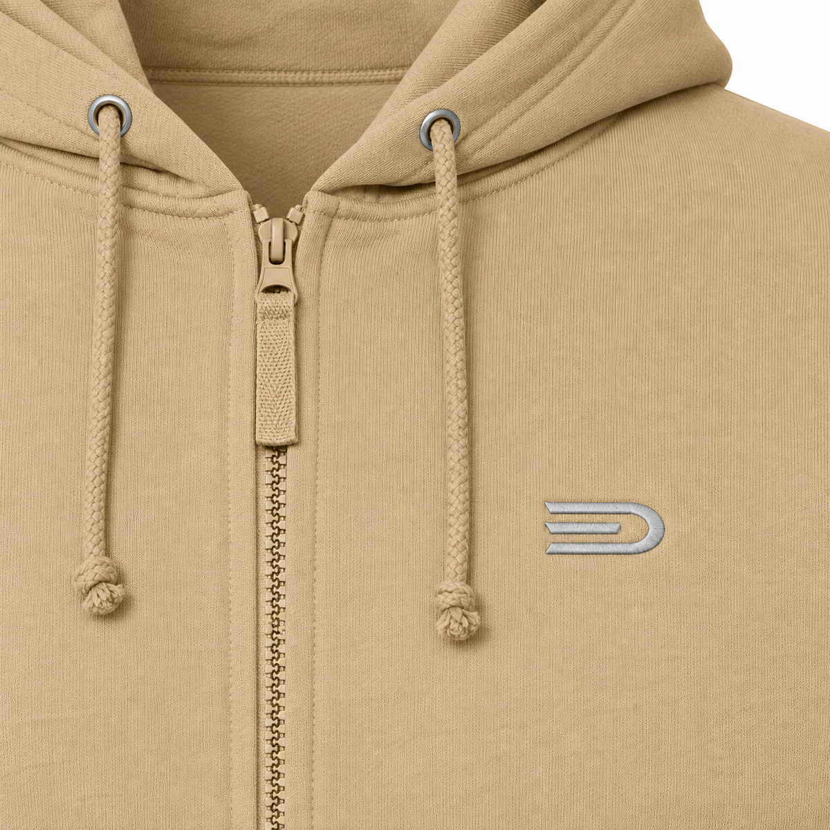 Douglas D emblem detail on tan full-zip hoodie