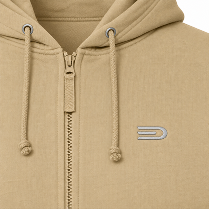 Douglas D emblem detail on tan full-zip hoodie
