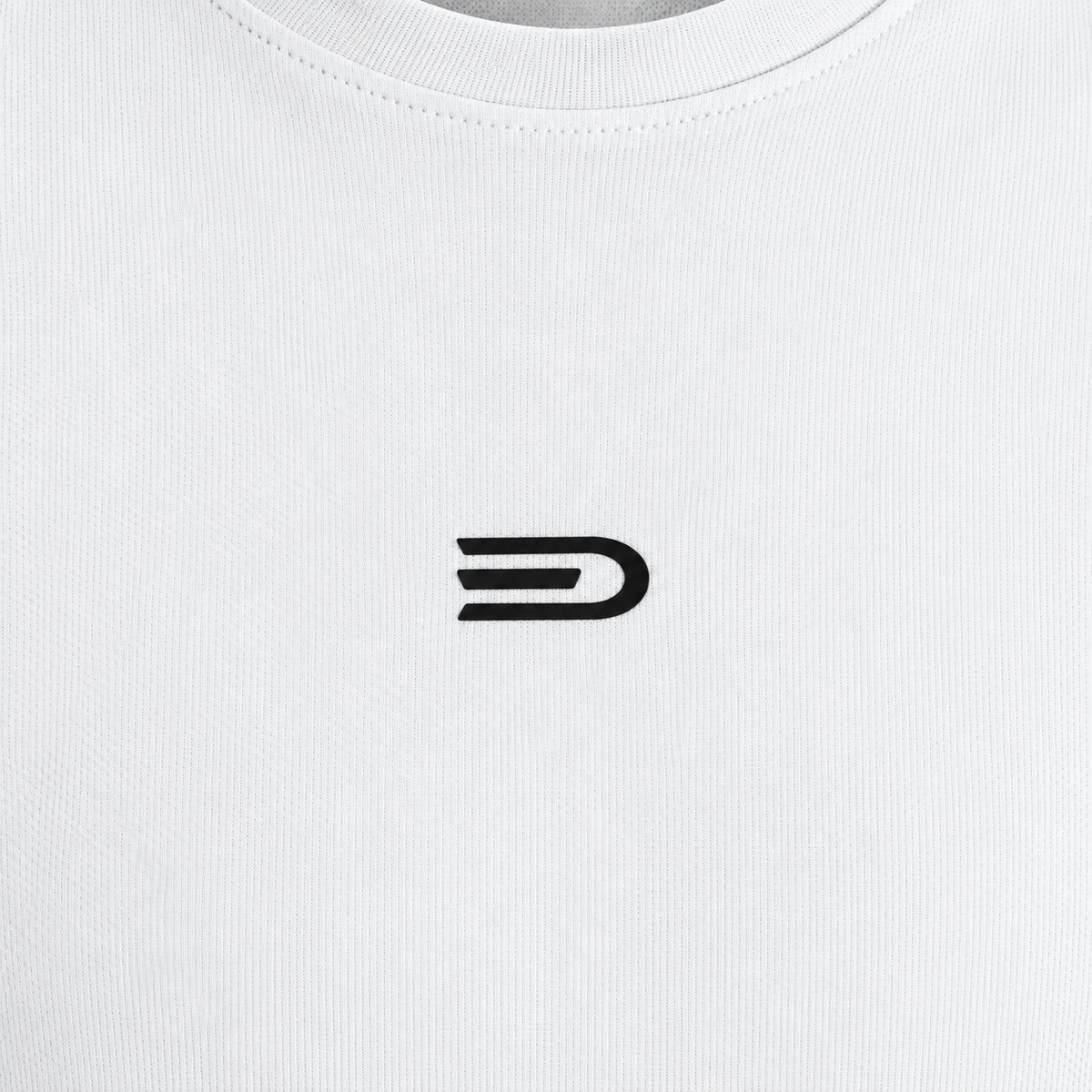 Close view of Douglas D chest emblem on white performance fabric