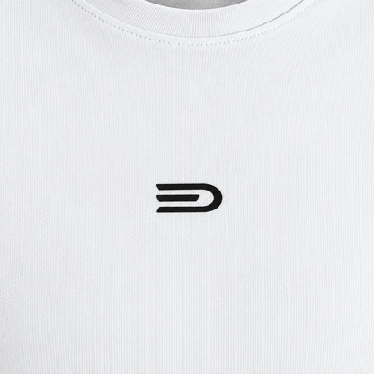 Close view of Douglas D chest emblem on white performance fabric