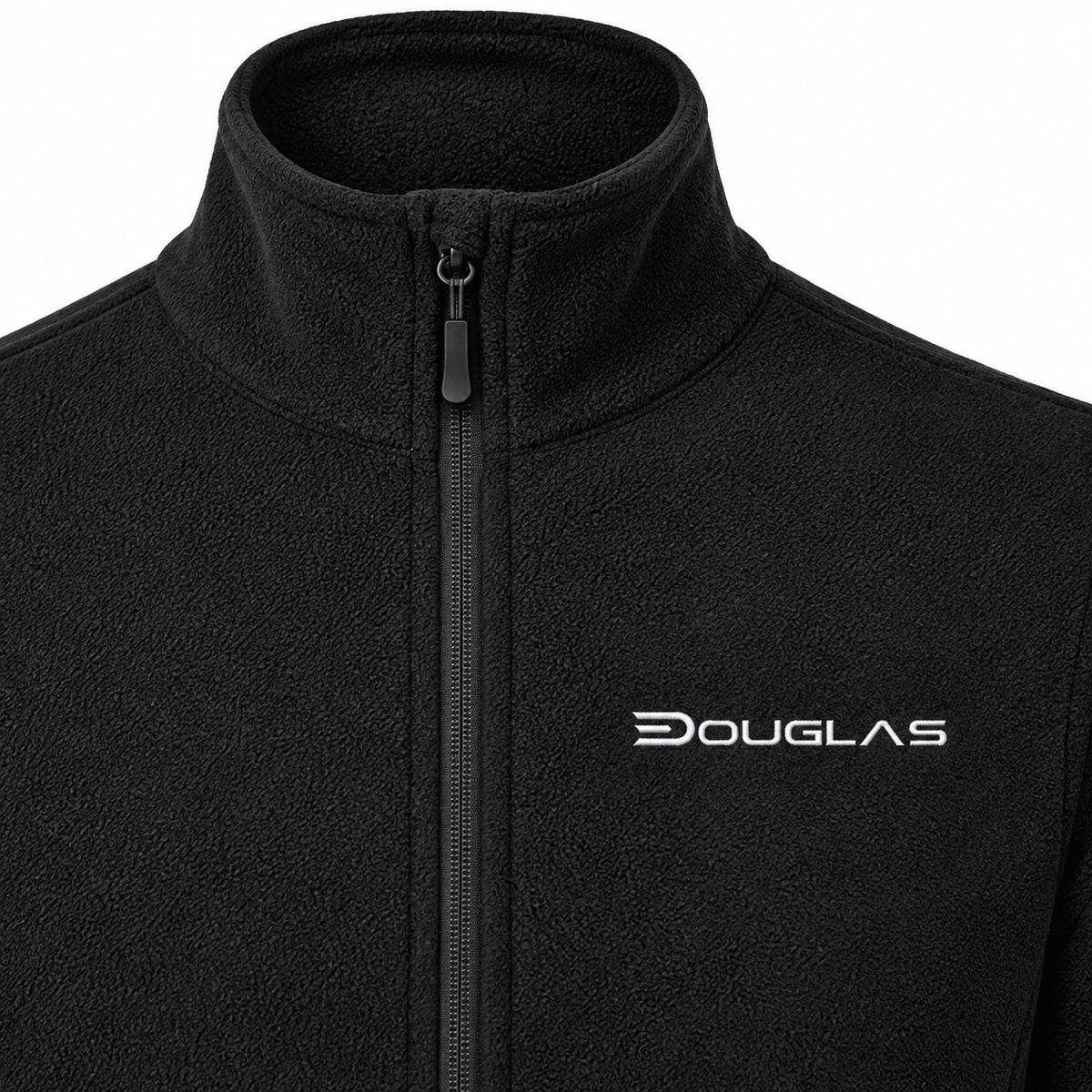 Close detail of Douglas white wordmark on black microfleece