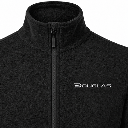 Close detail of Douglas white wordmark on black microfleece