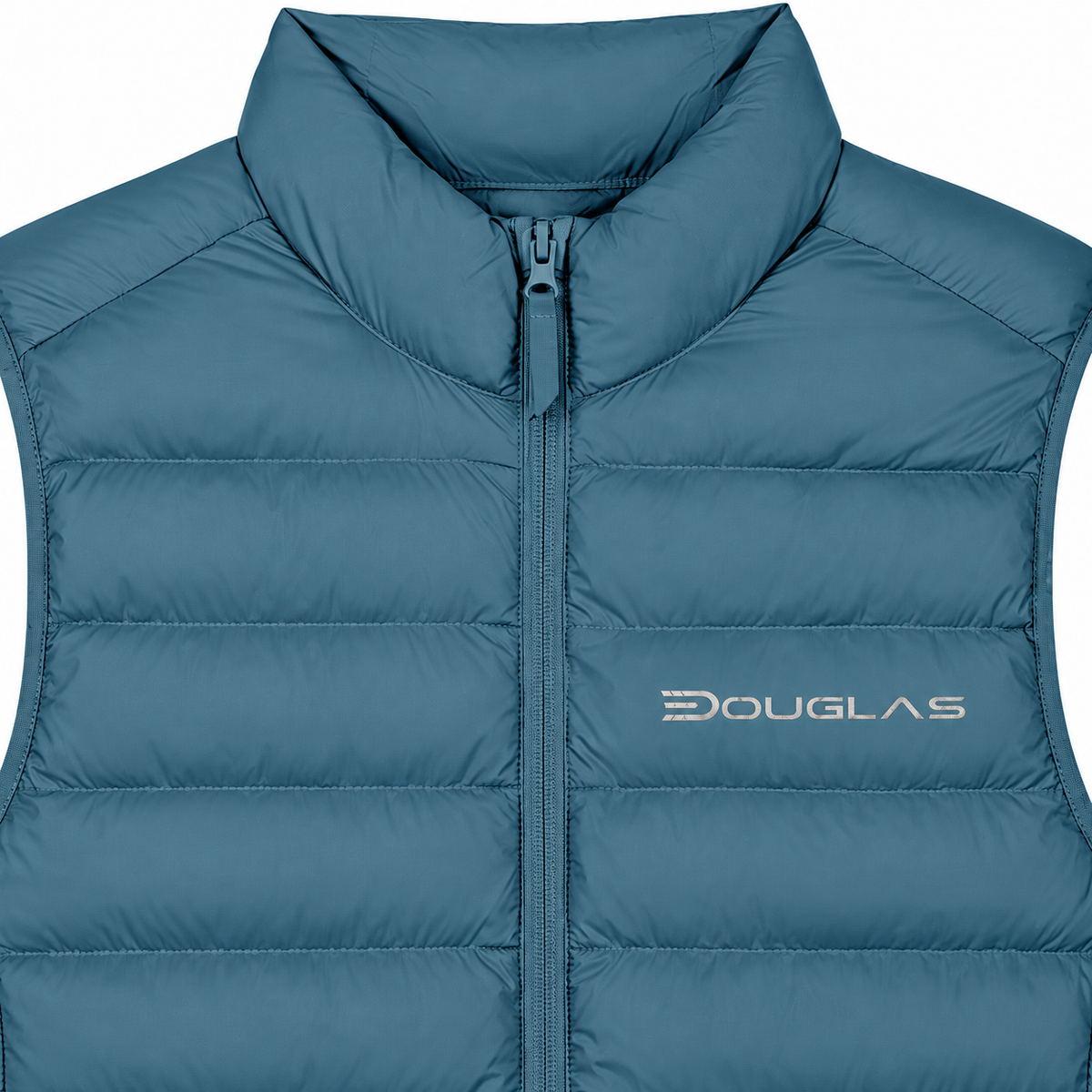 Douglas wordmark detail on blue padded vest