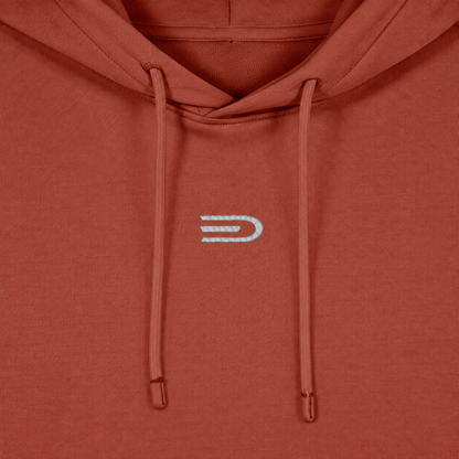 Close detail of Douglas D emblem on rust women's hoodie